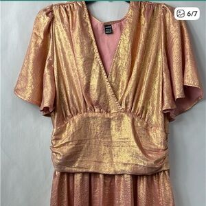 Women V-Neck Ruffle Sleeve Pleated Waist Rose Gold Party Fashion Dress